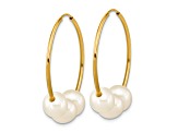 14K Yellow Gold 6-7mm Semi-round White Freshwater Cultured Pearl Hoop Dangle Earrings