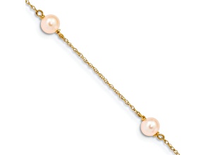 14k Yellow Gold Children's 5-6mm Pink Round Freshwater Cultured Pearl 3-station Cable Link Bracelet