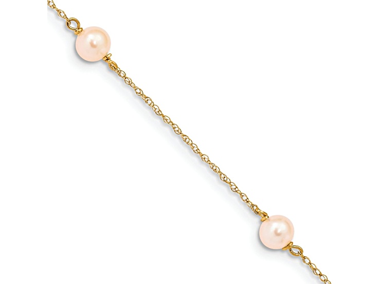 14k Yellow Gold Children's 5-6mm Pink Round Freshwater Cultured Pearl 3-station Cable Link Bracelet