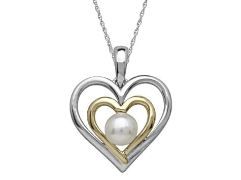 White Freshwater Pearl Sterling Silver/14K Gold Over Silver Accent Double Heart Pendant with Chain