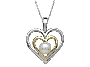 White Freshwater Pearl Sterling Silver/14K Gold Over Silver Accent Double Heart Pendant with Chain