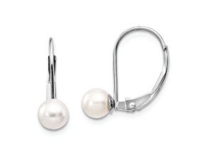 Rhodium Over 14K White Gold 5-6mm Round Freshwater Cultured Pearl Leverback Earrings