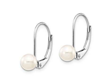 Rhodium Over 14K White Gold 5-6mm Round Freshwater Cultured Pearl Leverback Earrings