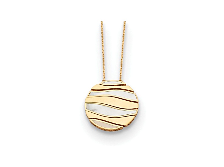 14K Yellow Gold Mother of Pearl 26mm Wave Circle 18 Inch Necklace