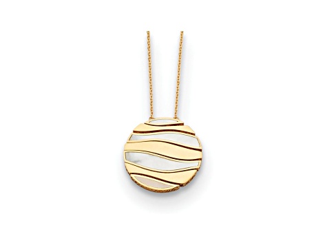 14K Yellow Gold Mother of Pearl 26mm Wave Circle 18 Inch Necklace