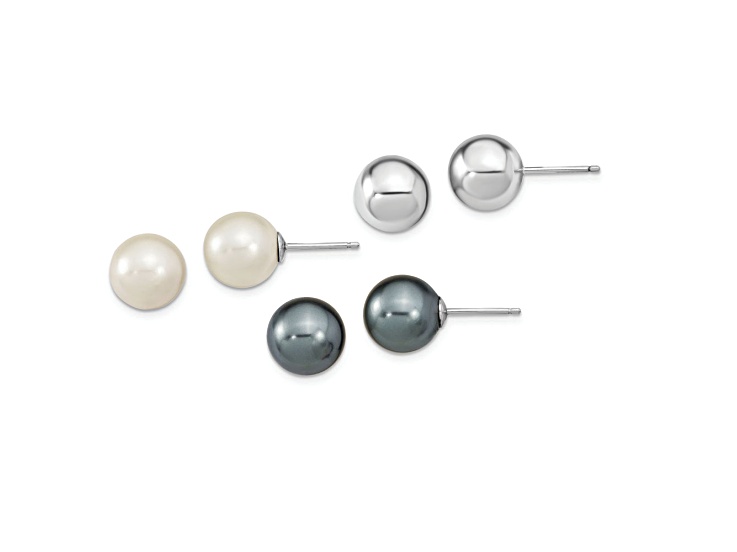 Rhodium Over Sterling Silver 10-11mm White/Grey Imitation Shell Pearl 3 Earring Set