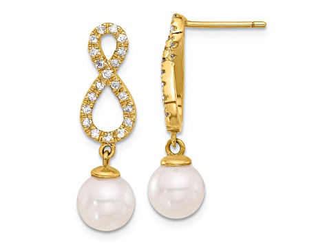14K YG 7-8mm Round White Akoya Cultured Pearl and 0.40 cttw Diamond Infinity Post Dangle Earrings