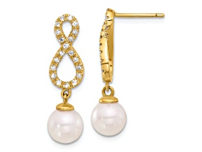 14K YG 7-8mm Round White Akoya Cultured Pearl and 0.40 cttw Diamond Infinity Post Dangle Earrings