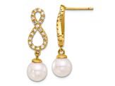 14K YG 7-8mm Round White Akoya Cultured Pearl and 0.40 cttw Diamond Infinity Post Dangle Earrings