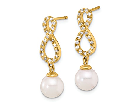 14K YG 7-8mm Round White Akoya Cultured Pearl and 0.40 cttw Diamond Infinity Post Dangle Earrings