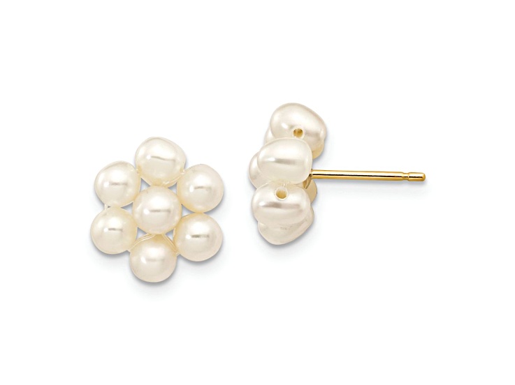 10k Yellow Gold 3-4mm White Egg Freshwater Cultured Pearl 11mm Flower Stud Earrings
