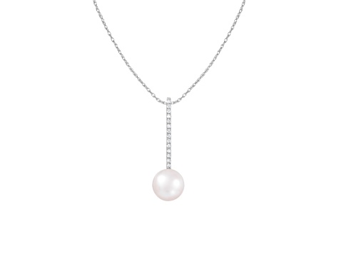 14k White Gold 8mm Cultured Freshwater pearl Pendant with Diamond Accents, 18" Chain Included