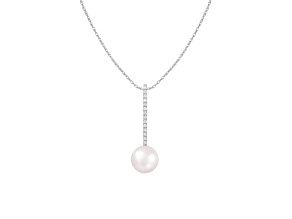 14k White Gold 8mm Cultured Freshwater pearl Pendant with Diamond Accents, 18" Chain Included
