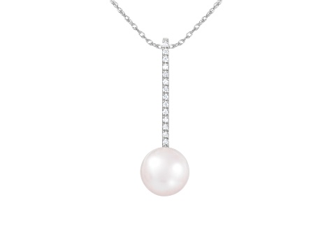 14k White Gold 8mm Cultured Freshwater pearl Pendant with Diamond Accents, 18" Chain Included