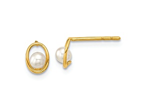 14k Yellow Gold Polished Oval with Freshwater Cultured Pearl Stud Earrings