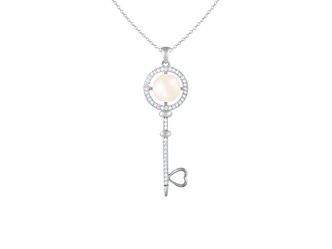 7-8mm Button White Cultured Freshwater and Cubic Zirconia Pearl Rhodium Over Sterling Silver Pendant