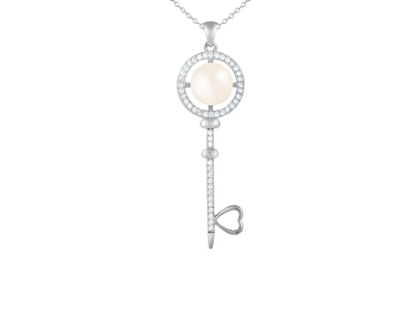 7-8mm Button White Cultured Freshwater and Cubic Zirconia Pearl Rhodium Over Sterling Silver Pendant