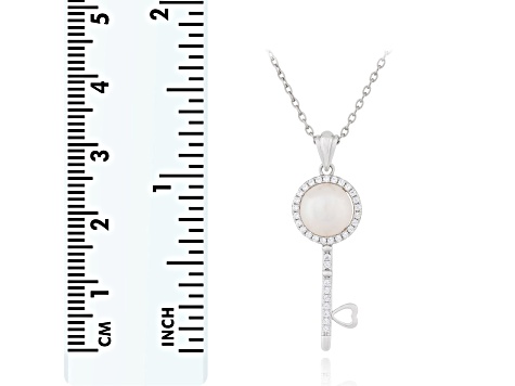 7-8mm Button White Cultured Freshwater and Cubic Zirconia Pearl Rhodium Over Sterling Silver Pendant