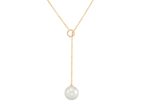 13mm Round Freshwater Pearl with 0.10ctw Diamond 14K Yellow Gold Lariat Necklace