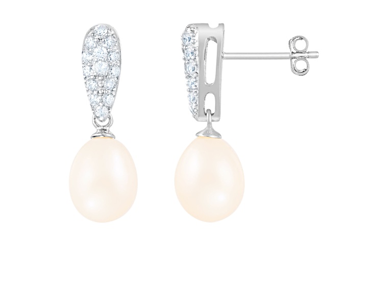 8-8Â½mm White Cultured Freshwater Pearl and Cubic Zirconia Rhodium Over Sterling Silver Earrings