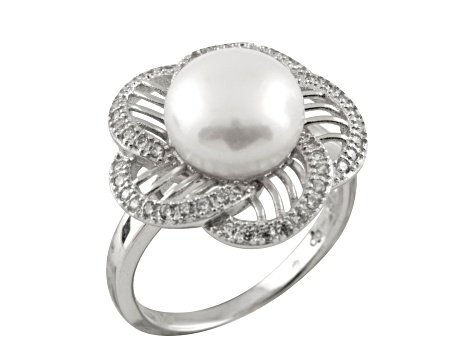 10-11mm White Button Cultured Freshwater Pearl and Cubic Zirconia Rhodium Over Silver Ring