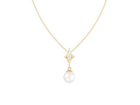 White Cultured Freshwater Pearl and Diamond 14K Yellow Gold Pendant 7-7.5mm