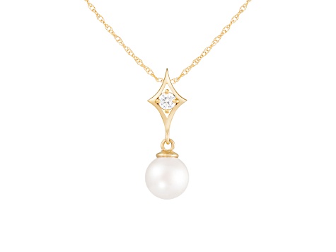 White Cultured Freshwater Pearl and Diamond 14K Yellow Gold Pendant 7-7.5mm