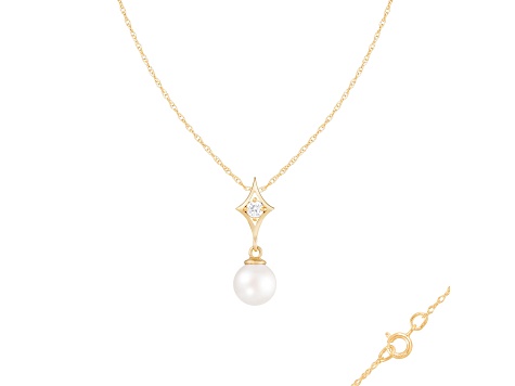 White Cultured Freshwater Pearl and Diamond 14K Yellow Gold Pendant 7-7.5mm