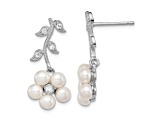 Rhodium Over Sterling Silver White Freshwater Cultured Pearl CZ Flower Post Earrings
