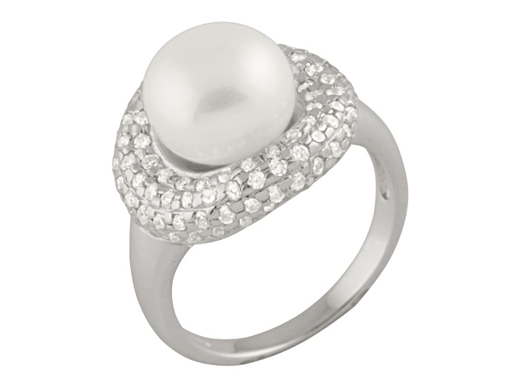 10-11mm White Button Cultured Freshwater Pearl and Cubic Zirconia Rhodium Over Silver Ring