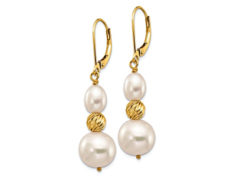 14K Yellow Gold 6-10mm White Freshwater Cultured Pearl and Diamond-cut Bead Leverback Earrings