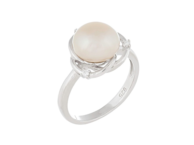 9-10mm White Button Cultured Freshwater Pearl and Cubic Zirconia Rhodium Over Silver Ring