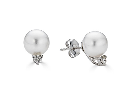 14KW Stud Earrings  8.5mm Akoya Cultured  Pearl 0.14 ctw  Diamond