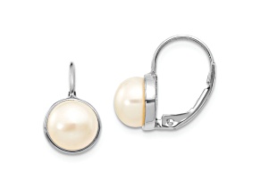 Rhodium Over 14K White Gold 6-7mm Button Freshwater Cultured Pearl Leverback Earrings