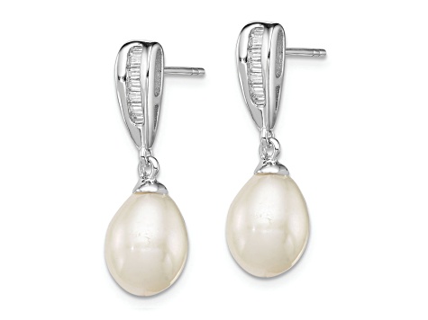 Rhodium Over Sterling Silver 7-8mm White Freshwater Cultured Pearl Cubic Zirconia Dangle Earrings