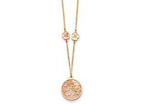 14K Yellow Gold Pink and White Mother Of Pearl Circle and Flowers 18 Inch Necklace