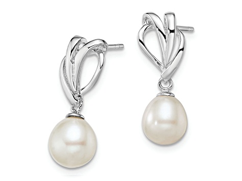 Rhodium Over Sterling Silver 7-8mm White Freshwater Cultured Pearl Post Dangle Earrings