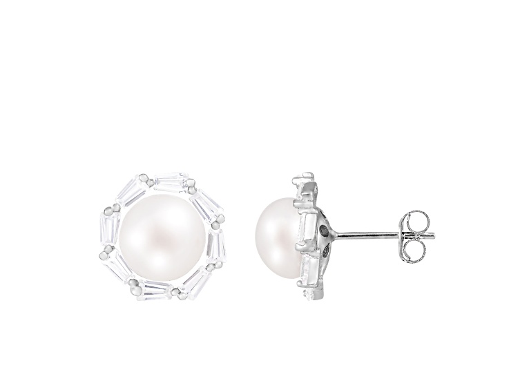 8-8.5mm White Cultured Freshwater Pearl and Cubic Zirconia Rhodium Over Sterling Silver Earrings