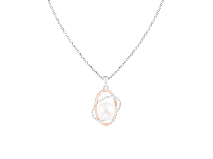 9-10mm Button White Cultured Freshwater Pearl, Cubic Zirconia 14K Rose Gold Over Sterling Silver