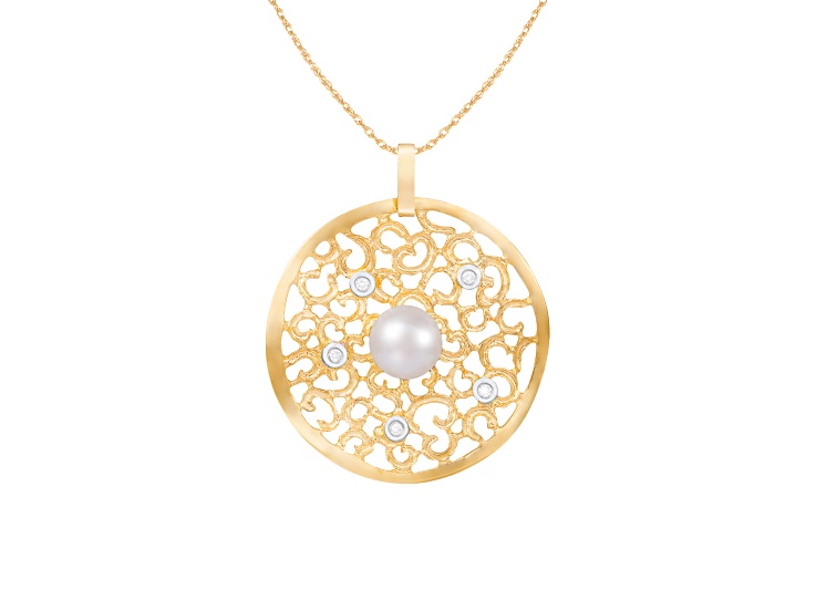 White Cultured Freshwater Pearl and Diamond 14K Yellow Gold Pendant 8-8.5mm