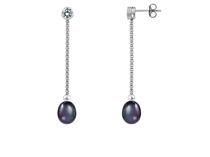 7.5-8mm Black Cultured Freshwater Pearl Rhodium Over Sterling Silver Earrings