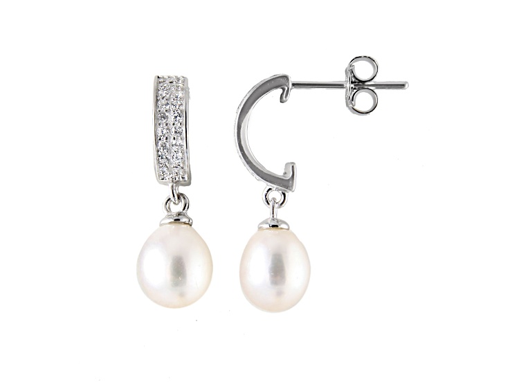 6-6.5mm White Cultured Freshwater Pearl and Cubic Zirconia Rhodium Over Sterling Silver Earrings
