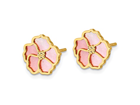 14K Yellow Gold Pink and White MOP Flower Post Earrings