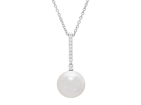 13-14mm Round White Freshwater Pearl and 0.15ctw Diamond 14K White Gold Pendant with Chain