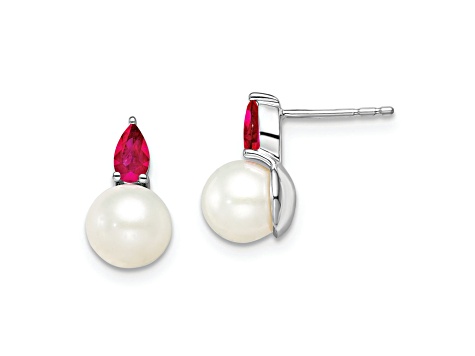 Rhodium Over 14K White Gold Freshwater Cultured Pearl and Ruby Post Earrings