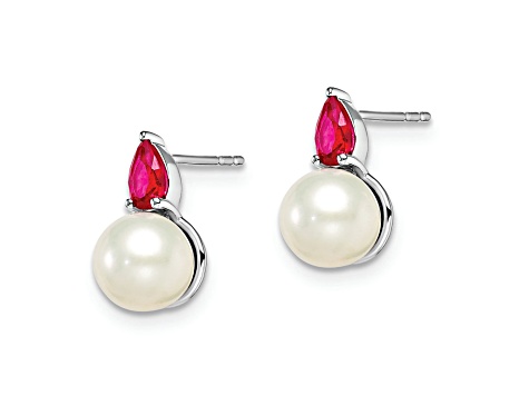 Rhodium Over 14K White Gold Freshwater Cultured Pearl and Ruby Post Earrings