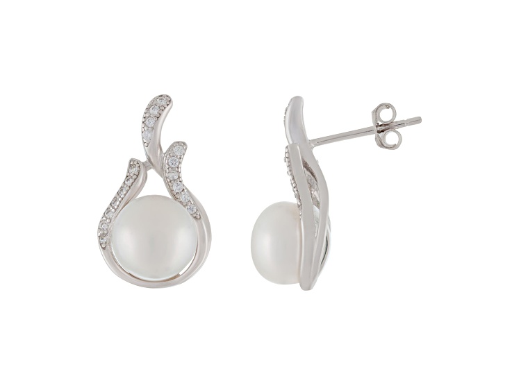 8-9mm White Cultured Freshwater Pearl and Cubic Zirconia Rhodium Over Sterling Silver Earrings