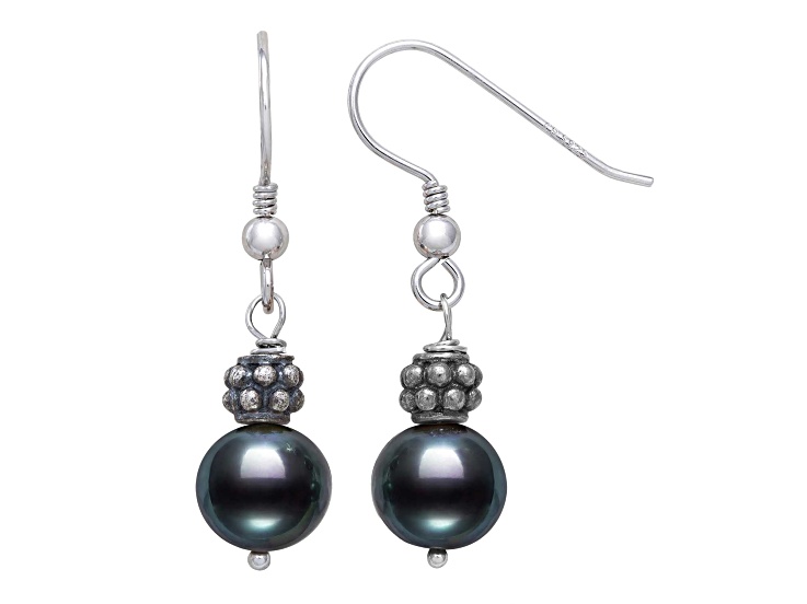 Black Cultured Freshwater Pearl Rhodium Over Sterling Silver Earrings