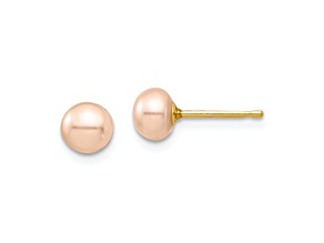 14K Yellow Gold Children's 5-6mm Pink Button Freshwater Cultured Pearl Stud Earrings
