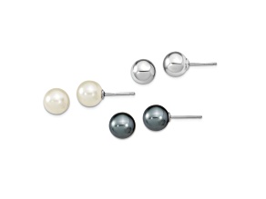 Rhodium Over Sterling Silver 8-9mm White/Black Imitation Shell Pearl Post 3 Earring Set